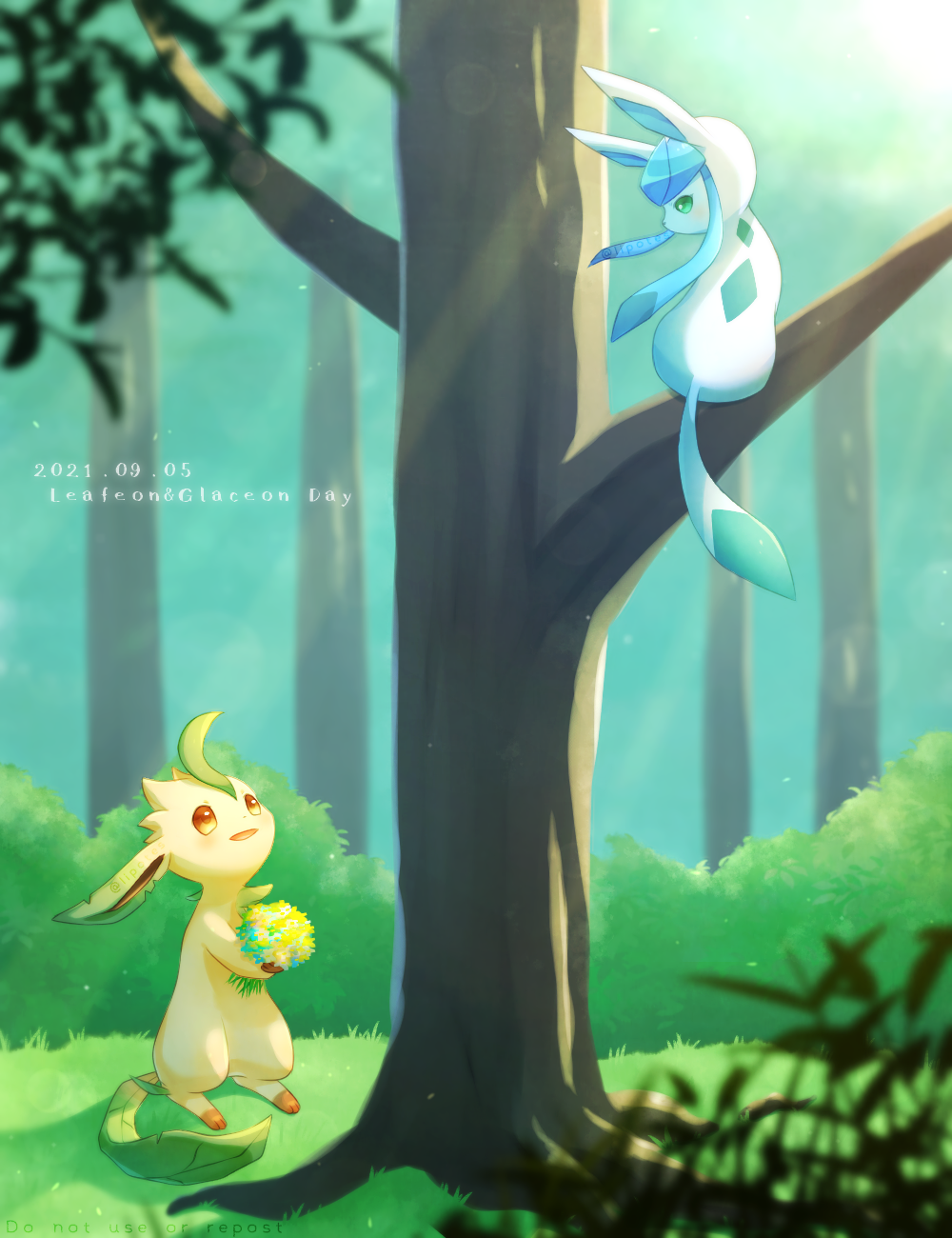 alopias blurry blurry_foreground bouquet branch bush flower glaceon grass green_eyes highres holding holding_flower leaf leafeon no_humans open_mouth pokemon pokemon_(creature) proposal shadow sitting standing sunlight tree yellow_eyes