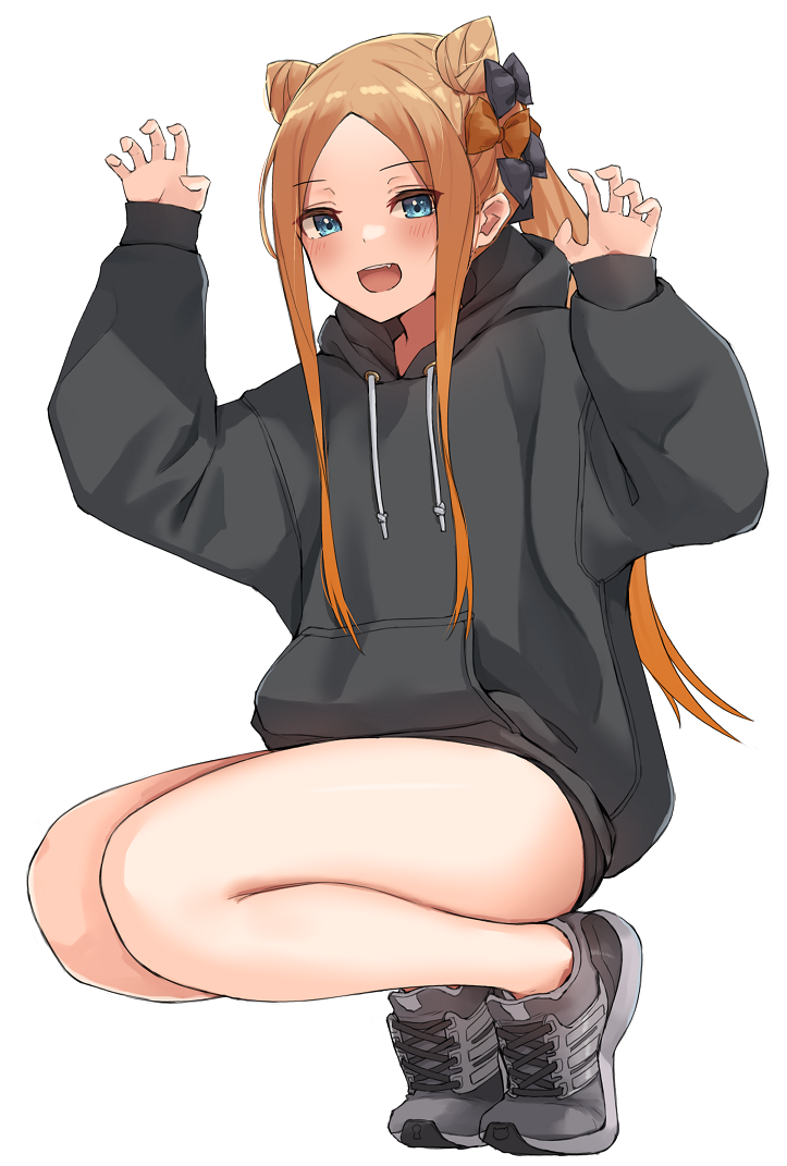 1girl :d abigail_williams_(fate) arm_up bangs black_bow black_hoodie blue_eyes blush bow brown_bow brown_hair claw_pose commentary_request drawstring eyebrows_visible_through_hair fate/grand_order fate_(series) forehead full_body grey_footwear hair_bow hair_cones hand_up hood hood_down hoodie kopaka_(karda_nui) long_hair long_sleeves open_mouth parted_bangs puffy_long_sleeves puffy_sleeves shoes simple_background sleeves_past_wrists smile solo squatting very_long_hair white_background