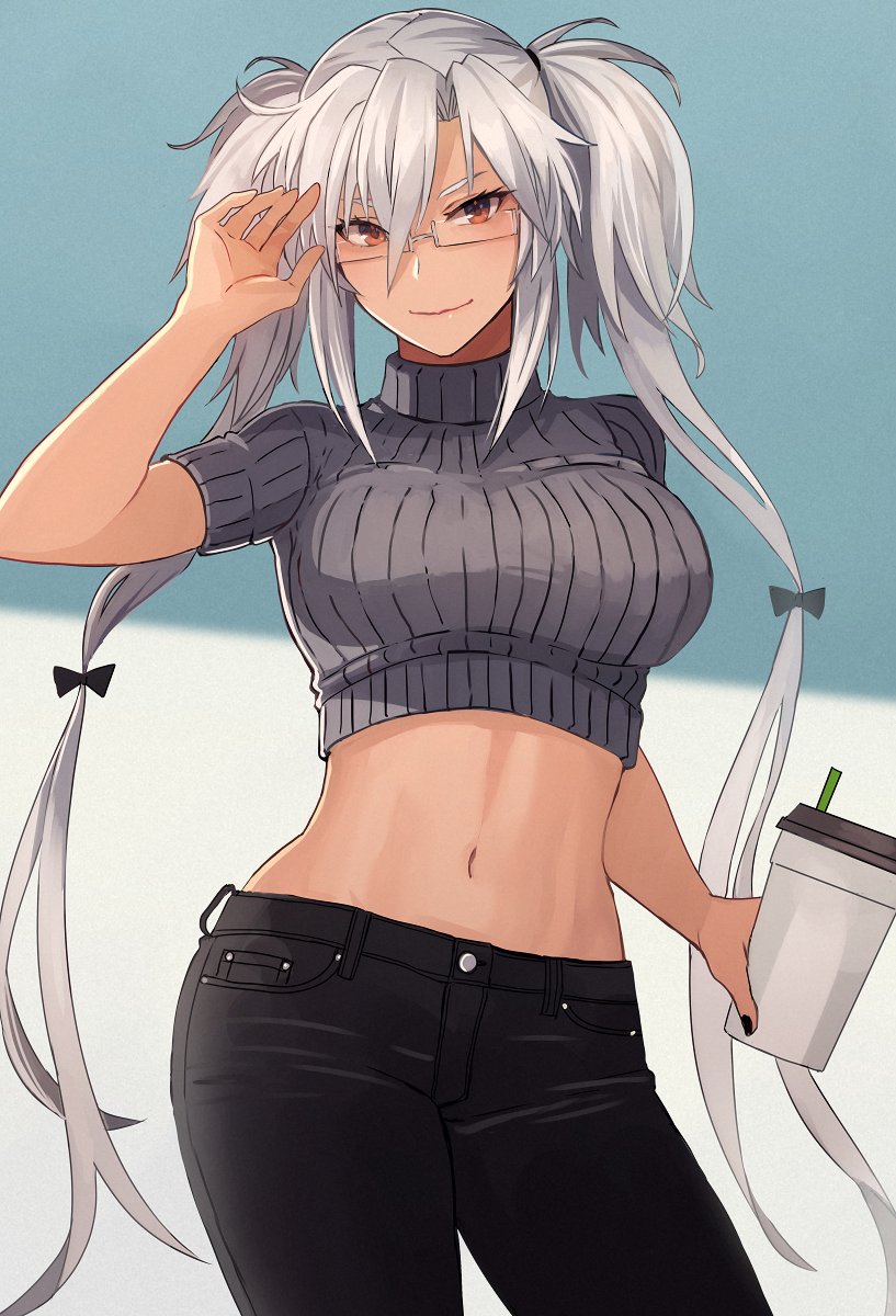 1girl adjusting_eyewear black_pants blush breasts closed_mouth cropped_sweater denim glasses grey_hair grey_sweater highres jeans kantai_collection kasumi_(skchkko) large_breasts long_hair looking_at_viewer musashi_(kancolle) navel pants red_eyes ribbed_sweater short_hair_with_long_locks smile solo sweater two-tone_background upper_body very_long_hair