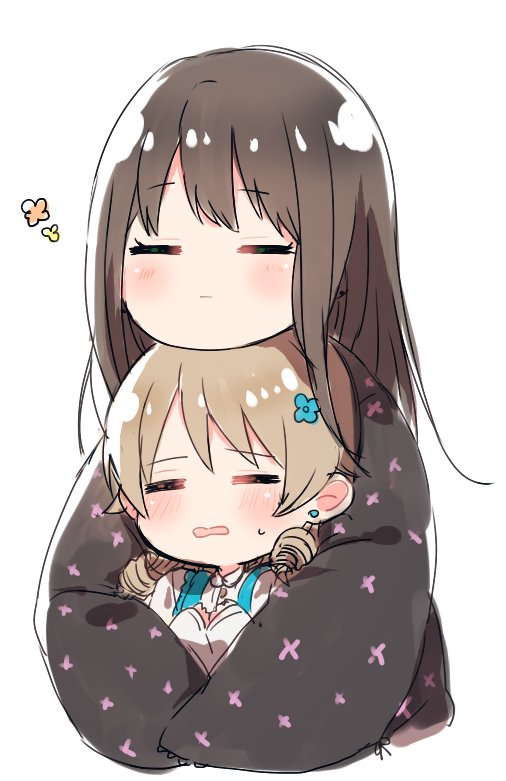 2girls =_= black_hair blonde_hair blush cropped_torso ear_piercing floral_print flower hair_flower hair_ornament head_on_head hug hug_from_behind idolmaster idolmaster_cinderella_girls morikubo_nono multiple_girls own_hands_together piercing ringlets shibuya_rin simple_background straight_hair sweatdrop upper_body white_background yoshisawa