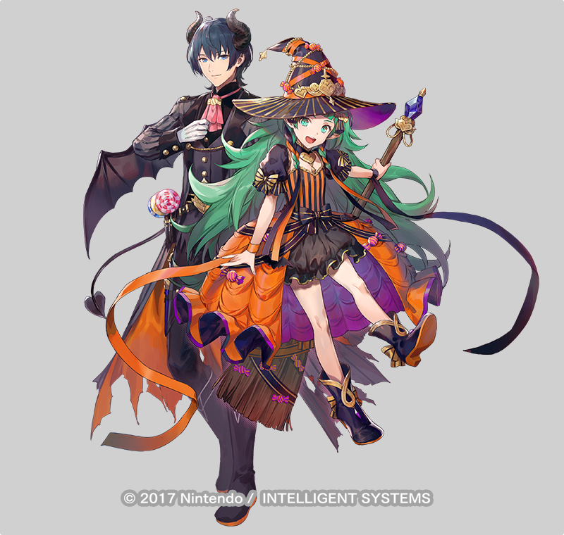 1boy 1girl azutarou blue_eyes blue_hair byleth_(fire_emblem) byleth_eisner_(male) demon_horns demon_wings fire_emblem fire_emblem:_three_houses fire_emblem_heroes green_eyes green_hair halloween_costume hat horns looking_at_viewer official_art pointy_ears sothis_(fire_emblem) wings witch_hat