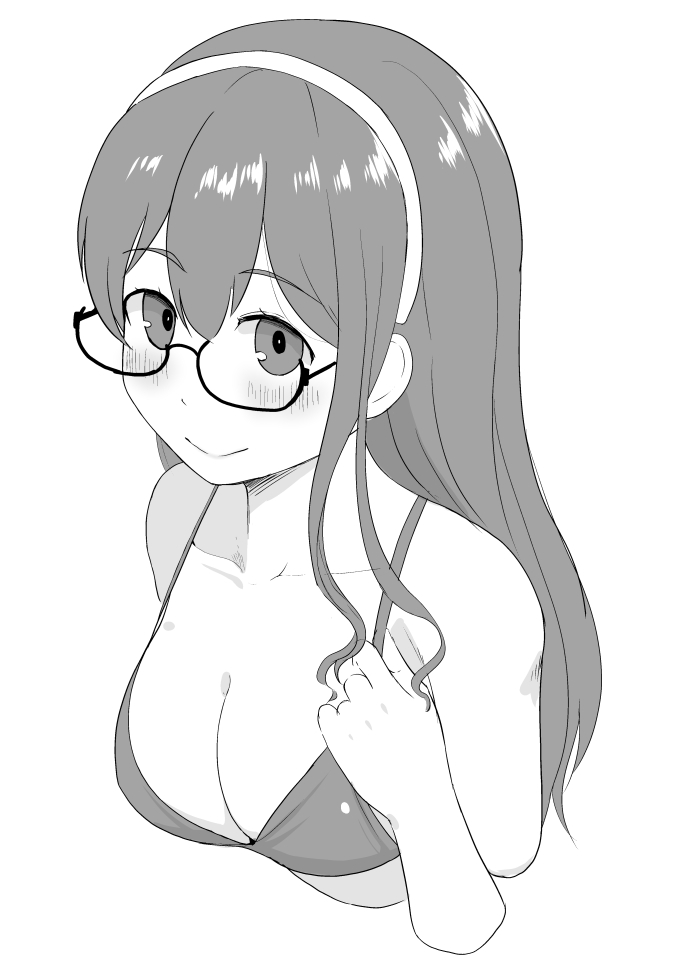 1girl bikini breasts collarbone glasses greyscale hairband kantai_collection medium_breasts mimofu_(fullhighkick) monochrome ooyodo_(kancolle) semi-rimless_eyewear smile solo swimsuit under-rim_eyewear upper_body upturned_eyes