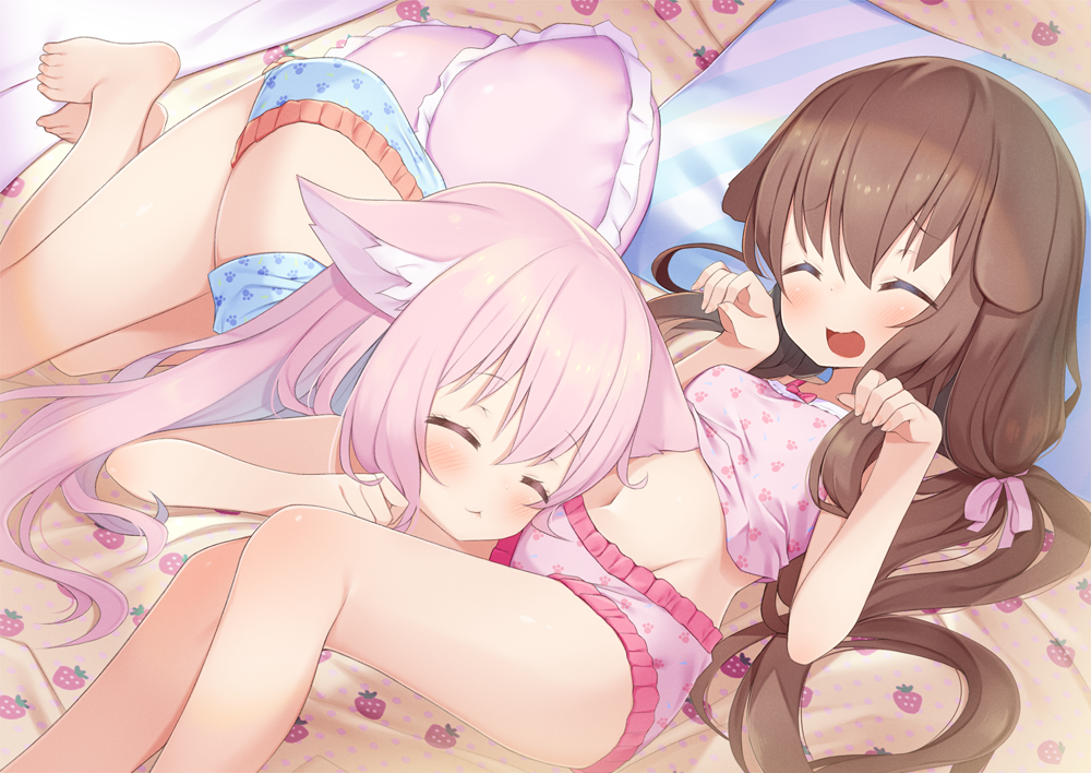 2girls :&lt; animal_ear_fluff animal_ears arashiya arms_up azur_lane barefoot bed blue_camisole blue_panties blush breasts brown_hair camisole camisole_lift cat_ears cat_girl closed_eyes commission commissioner_upload dog_ears dog_girl feet fumizuki_(azur_lane) head_on_another's_stomach indoors kisaragi_(azur_lane) laughing lifted_by_another long_hair low_twintails lying multiple_girls navel no_tail nuzzle on_back on_side open_mouth panties paw_pose pillow pink_camisole pink_hair pink_panties pixiv_request print_camisole print_panties ribbon small_breasts smile thighs toes twintails underwear underwear_only very_long_hair yuri