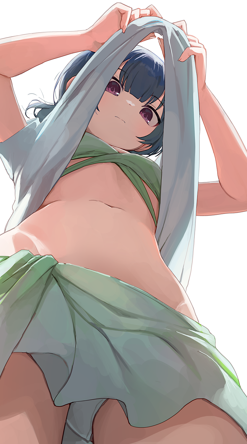 1girl bangs bikini_skirt blue_hair blunt_bangs clothes_lift commentary_request flat_chest from_below green_skirt green_swimsuit groin highres hiroki_(yyqw7151) idolmaster idolmaster_shiny_colors lifted_by_self light_blush looking_at_viewer looking_down morino_rinze navel shirt shirt_lift short_sleeves simple_background skirt solo swimsuit t-shirt violet_eyes white_background white_shirt