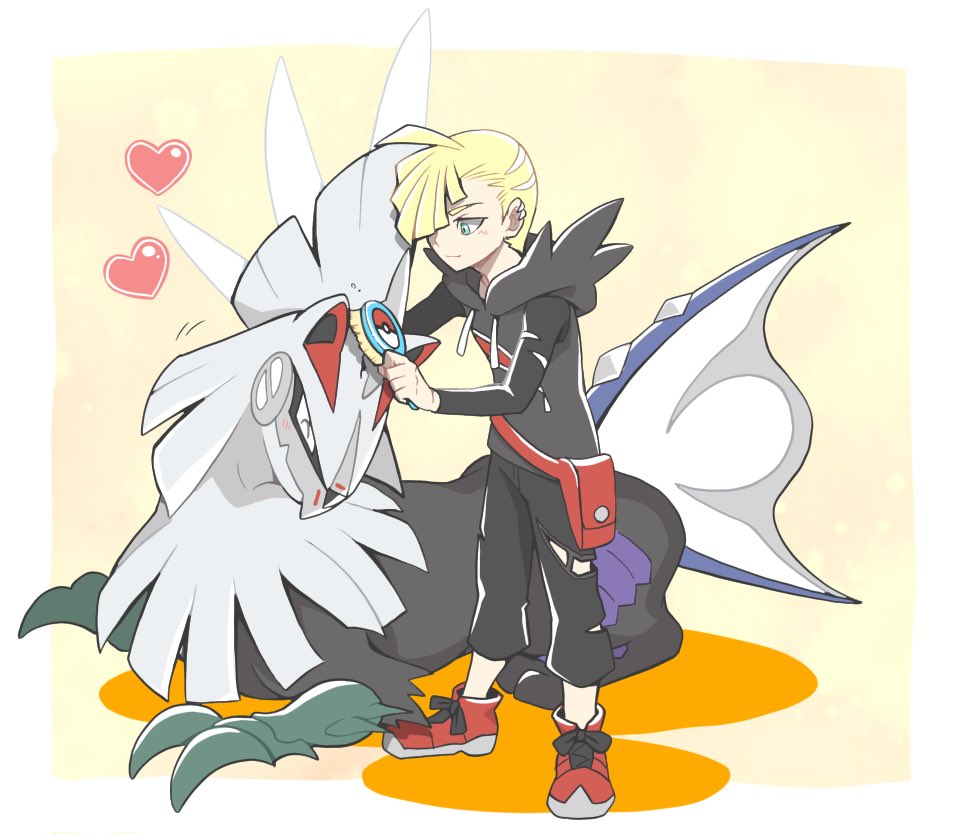 1boy ahoge bangs blonde_hair border brushing commentary_request fanny_pack gladion_(pokemon) hair_over_one_eye heart holding holding_brush hood hood_down hoodie male_focus nagi_(exsit00) pants pokemon pokemon_(creature) pokemon_(game) pokemon_sm red_bag red_footwear shoes short_hair silvally standing torn_clothes torn_pants white_border