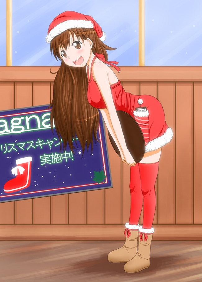 1girl bent_over brown_eyes brown_footwear brown_hair dress from_side full_body hat mimofu_(fullhighkick) poster_(object) red_dress santa_dress santa_hat short_dress solo taneshima_popura thigh-highs translation_request tray window working!! zettai_ryouiki