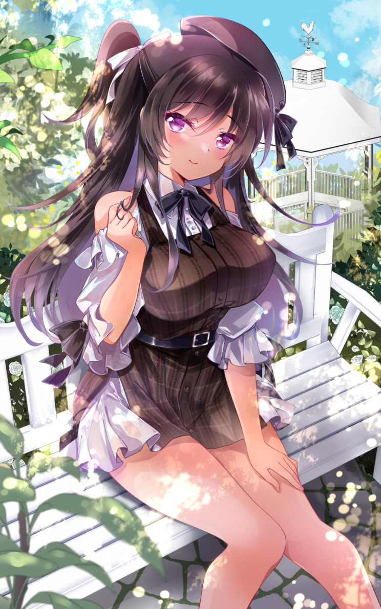 1girl bare_shoulders belt beret black_belt black_hair breasts chair closed_mouth clothing_cutout clouds commentary_request day eyebrows_visible_through_hair feet_out_of_frame flower frilled_skirt frills hair_ornament hair_ribbon hand_on_own_thigh hat ichiyou_moka large_breasts leaf long_hair looking_at_viewer medium_breasts original outdoors playing_with_own_hair ribbon shirt shoulder_cutout sitting skirt smile solo takanashi_iori_(ichiyou_moka) tree violet_eyes white_flower white_ribbon