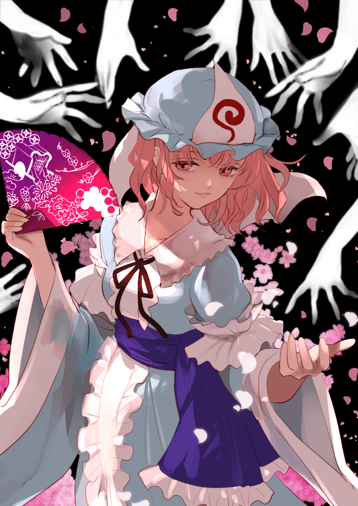 1girl bangs black_background blue_headwear blue_kimono cherry_blossoms commentary_request flower frilled_kimono frills hand_fan hands hat holding holding_fan japanese_clothes kerok_(joniko1110) kimono long_sleeves medium_hair mob_cap petals pink_eyes pink_hair saigyouji_yuyuko saigyouji_yuyuko's_fan_design solo touhou triangular_headpiece upper_body wide_sleeves