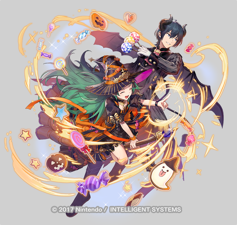 1boy 1girl azutarou blue_eyes blue_hair broom broom_riding byleth_(fire_emblem) byleth_eisner_(male) candy demon_horns demon_wings fire_emblem fire_emblem:_three_houses fire_emblem_heroes food green_eyes green_hair halloween_costume hat horns lollipop official_art smile sothis_(fire_emblem) wings witch_hat