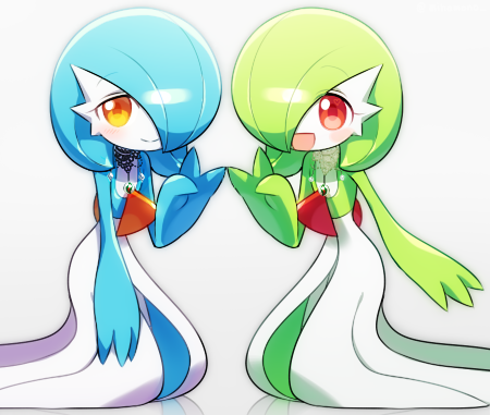 2girls alternate_color bangs black_choker blue_hair blue_skin blush blush_stickers bob_cut choker closed_mouth colored_skin commentary eyebrows_visible_through_hair flat_chest gardevoir gem gradient gradient_background green_hair green_skin hair_over_one_eye half-closed_eyes hand_up happy heart heart_in_eye kneeling lace lace_choker looking_at_viewer lotosu lowres mega_stone multicolored multicolored_skin multiple_girls open_mouth orange_eyes pokemon pokemon_(creature) red_eyes reflection shiny shiny_hair shiny_pokemon short_hair simple_background smile symbol_in_eye symmetry two-tone_skin v white_background white_choker white_skin