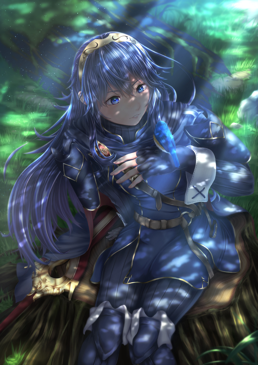 1girl arm_support armor bangs belt bird bird_on_hand blue_bird blue_bodysuit blue_cape blue_dress blue_eyes blue_footwear blue_gloves blurry blurry_background blush bodysuit boots breasts cape commentary_request dappled_sunlight dress feet_out_of_frame fingerless_gloves fire_emblem fire_emblem_awakening from_above gloves gold_trim hair_between_eyes hand_up highres leaning_forward long_hair looking_at_another lucina_(fire_emblem) nishizono_shin ribbed_bodysuit shadow shoulder_armor sidelocks sitting sleeve_cuffs solo sunlight sword thigh-highs thigh_boots thighs tiara tree_stump weapon