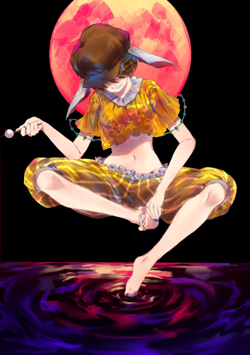 ama_asagi animal_ears bare_legs barefoot brown_headwear cabbie_hat crossed_legs dango flat_cap floppy_ears food full_body hat highres midriff moon_rabbit navel orange_shirt rabbit_ears ringo_(touhou) shirt short_hair shorts stomach striped striped_shorts touhou wagashi yellow_shorts