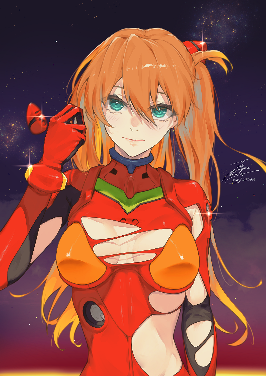 1girl bodysuit breasts fadingz green_eyes highres interface_headset long_hair neon_genesis_evangelion orange_bodysuit orange_hair pilot_suit plugsuit rebuild_of_evangelion red_bodysuit small_breasts solo souryuu_asuka_langley torn_bodysuit torn_clothes upper_body