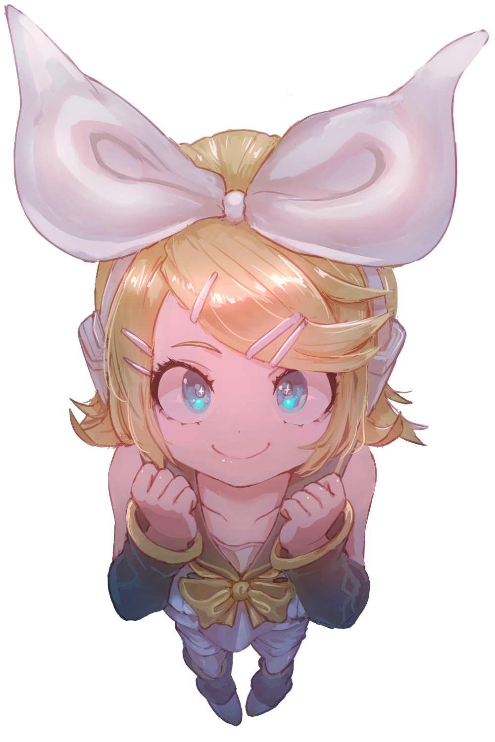 1girl bangs blonde_hair blue_eyes boots bow bowtie collarbone detached_sleeves full_body hair_bow hair_ornament hairclip hands_up highres kagamine_rin looking_at_viewer rasetsu001 sailor_collar short_hair simple_background smile solo standing swept_bangs vocaloid white_background white_bow