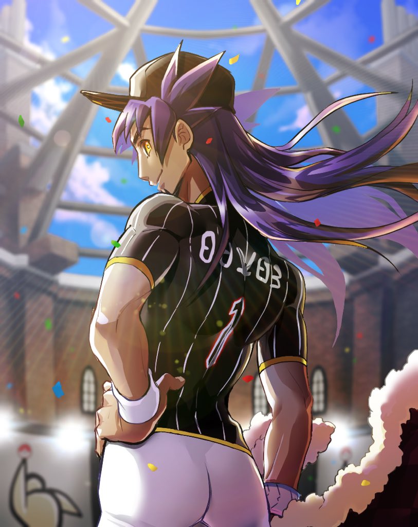 1boy baseball_cap blurry champion_uniform closed_mouth clouds commentary_request confetti dark-skinned_male dark_skin day dynamax_band facial_hair floating_hair from_behind hand_on_hip hat leon_(pokemon) long_hair male_focus nagi_(exsit00) pokemon pokemon_(game) pokemon_swsh purple_hair shirt shorts sky smile solo white_shorts wristband yellow_eyes