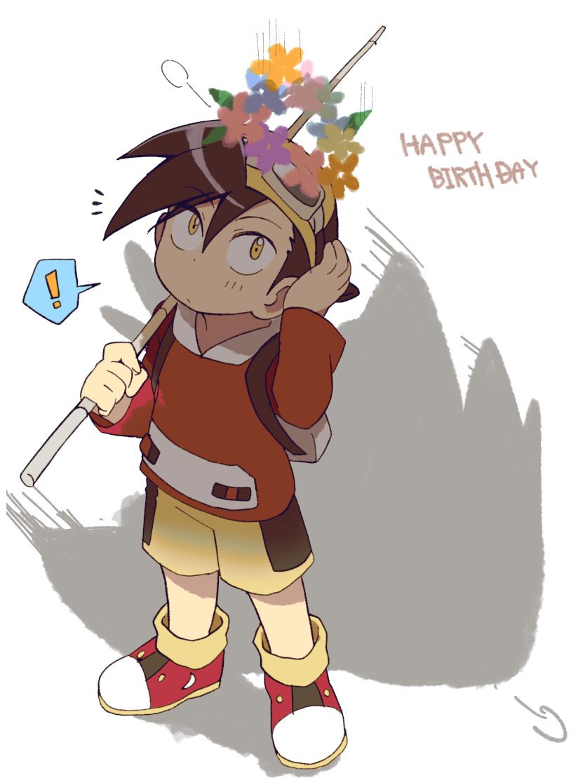 ! 1boy bangs blush brown_hair closed_mouth commentary_request ethan_(pokemon) goggles hair_between_eyes happy_birthday holding holding_pole jacket long_sleeves looking_up male_focus nagi_(exsit00) notice_lines pokemon pokemon_adventures pole shiny shiny_hair shoes short_hair shorts solo spoken_exclamation_mark standing yellow_eyes yellow_shorts
