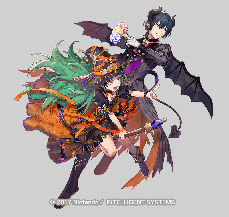 1boy 1girl azutarou blue_eyes blue_hair broom broom_riding byleth_(fire_emblem) byleth_eisner_(male) candy demon_horns demon_wings fire_emblem fire_emblem:_three_houses fire_emblem_heroes food green_eyes green_hair halloween_costume hat horns lollipop official_art pointing pointing_forward sothis_(fire_emblem) wings