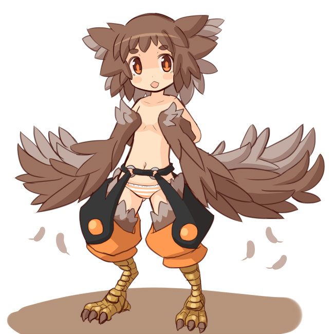 1girl bird_legs blush_stickers brown_feathers brown_hair chestnut_mouth commentary_request eyebrows_visible_through_hair feathered_wings feathers garoudo_(kadouhan'i) harpy monster_girl navel open_mouth orange_eyes orange_panties panties short_hair solo striped striped_panties talons thick_eyebrows topless underwear winged_arms wings