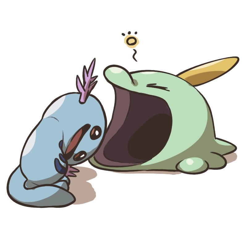 :d baachamu bent_over closed_eyes gulpin imminent_vore msg no_humans open_mouth pokemon pokemon_(creature) smile tongue white_background wooper