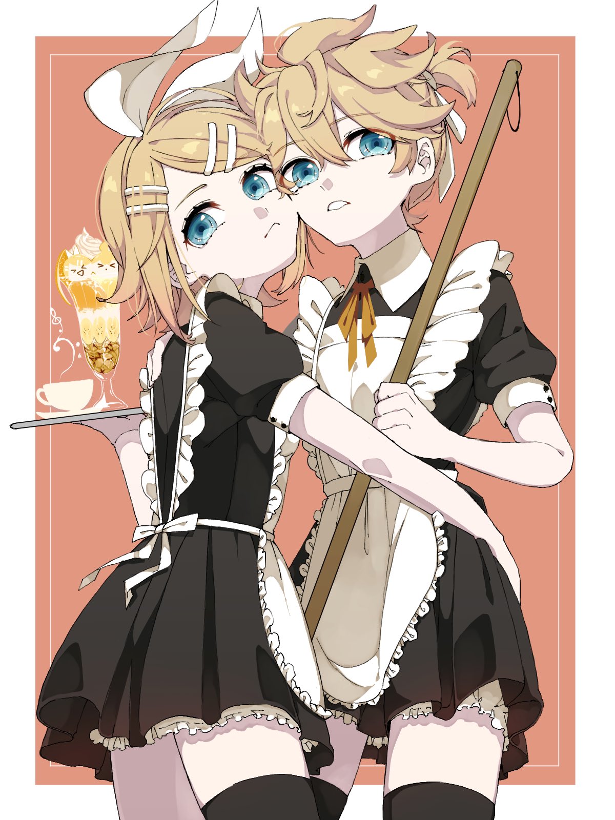 1boy 1girl :&lt; apron bangs bass_clef black_dress black_legwear blonde_hair blue_eyes bow broom commentary crossdressing cup dress eiku framed_image hair_bow hair_ornament hairclip hand_on_another's_hip highres holding holding_broom holding_tray kagamine_len kagamine_rin looking_at_viewer maid maid_apron neck_ribbon parfait parted_lips red_background red_neckwear ribbon short_hair short_ponytail siblings spiky_hair steam swept_bangs teacup thigh-highs tray treble_clef vocaloid white_bow zettai_ryouiki