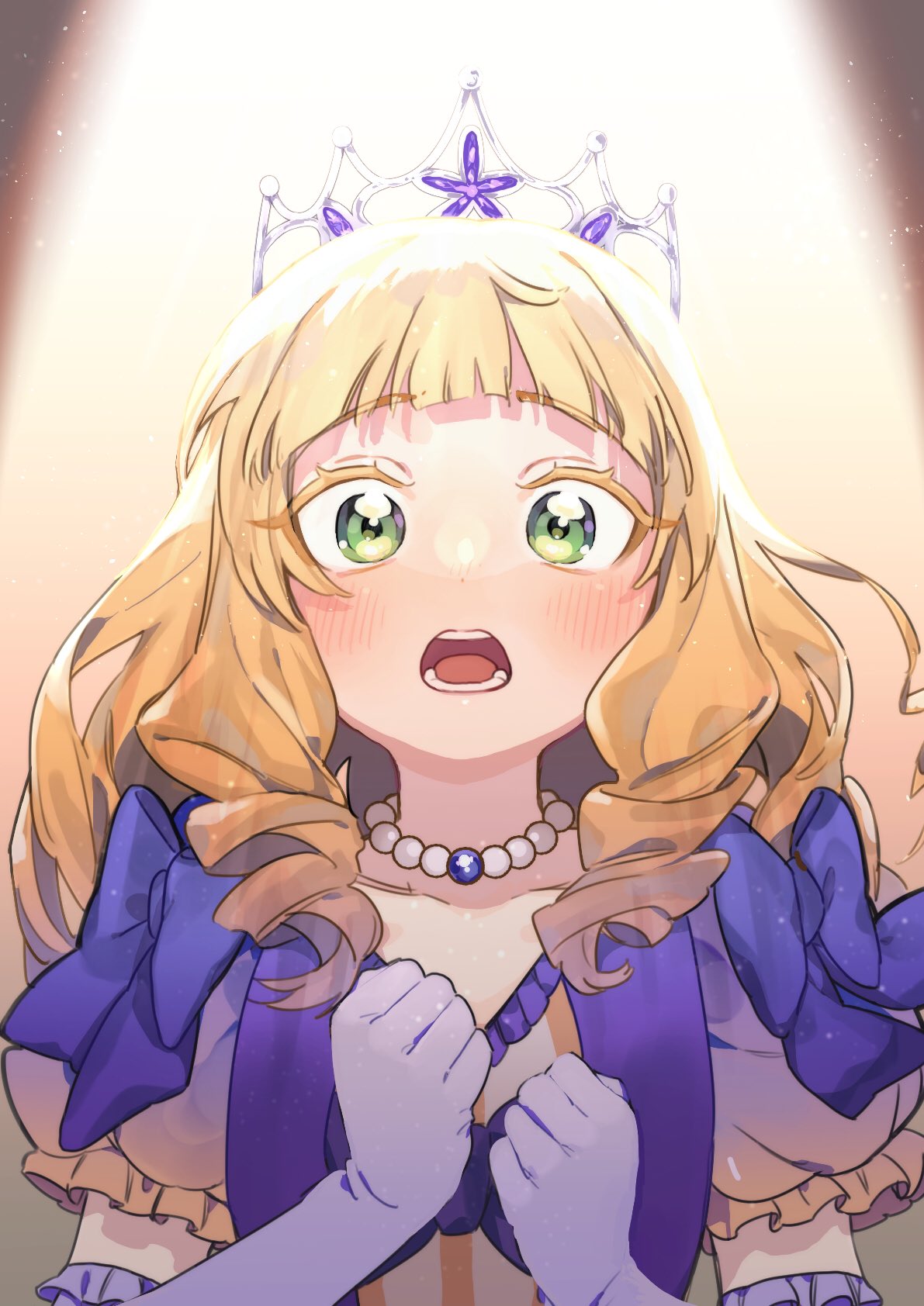 1girl :o bangs blonde_hair blush collarbone commentary_request crown dress drill_hair elbow_gloves gloves green_eyes heanna_sumire highres jewelry long_hair looking_at_viewer love_live! love_live!_superstar!! necklace nonfiction!!_(love_live!) purple_dress purple_gloves solo tsumujikaze74 upper_body