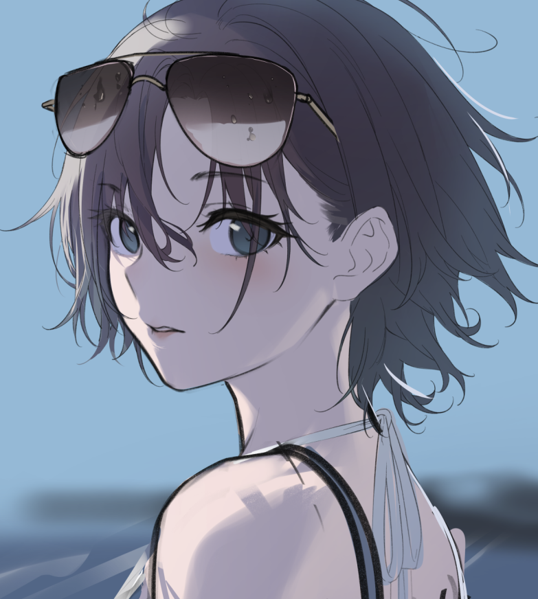 1girl asakura_tooru blue_hair blurry depth_of_field expressionless eyewear_on_head eyewear_removed floating_hair halterneck idolmaster idolmaster_shiny_colors looking_at_viewer looking_back portrait purple_hair short_hair sketch sleeveless sola_(solo0730) solo sunglasses