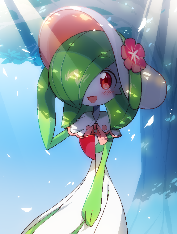 1girl adjusting_clothes adjusting_headwear bangs blue_sky blush bob_cut bonnet capelet clothed_pokemon colored_skin commentary dappled_sunlight day eyebrows_visible_through_hair flat_chest flower gardevoir green_hair green_skin hair_over_one_eye hand_up happy hat hat_flower heart heart_in_eye jaggy_line light_rays lotosu multicolored multicolored_skin open_mouth outdoors petals pink_flower pink_trim pokemon pokemon_(creature) pokemon_(game) pokemon_unite red_eyes shiny shiny_hair short_hair sky smile solo standing sunlight symbol_in_eye tree two-tone_skin white_capelet white_headwear white_skin