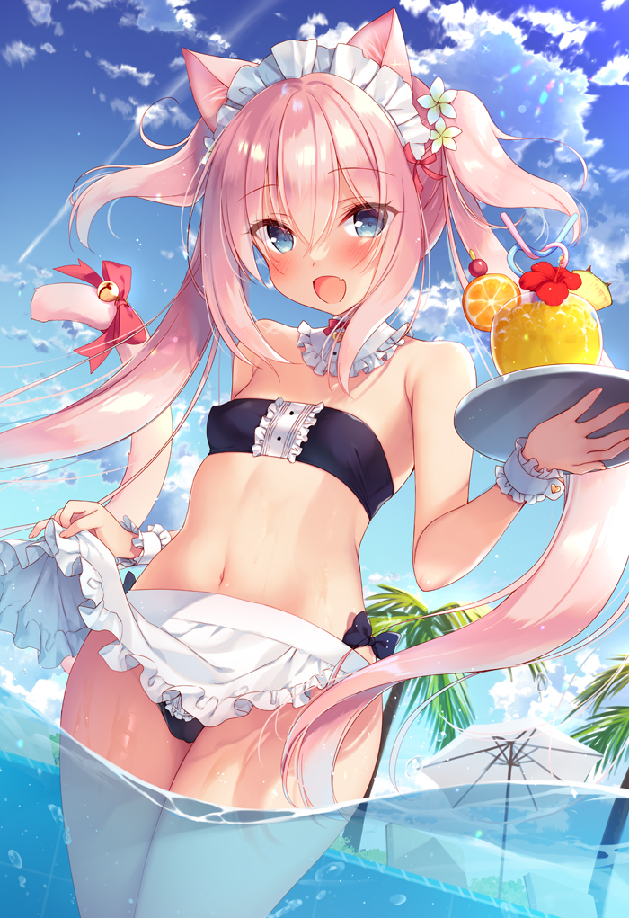 1girl :d animal_ear_fluff animal_ears apron bandeau bangs bare_shoulders bell bikini black_bikini blue_eyes blue_sky blush boku_no_risou_no_isekai_seikatsu bow breasts cat_ears cat_girl cat_tail clouds commentary_request crazy_straw day drinking_straw eyebrows_visible_through_hair fang flower frilled_apron frills hair_between_eyes hair_flower hair_ornament heart_straw holding holding_tray jingle_bell long_hair looking_at_viewer maid_bikini maid_headdress open_mouth outdoors pink_hair red_bow sazaki_ichiri sky small_breasts smile solo standing strapless swimsuit tail tail_bell tail_bow tail_ornament tray tube_top twintails two_side_up very_long_hair wading waist_apron water white_apron white_flower wrist_cuffs