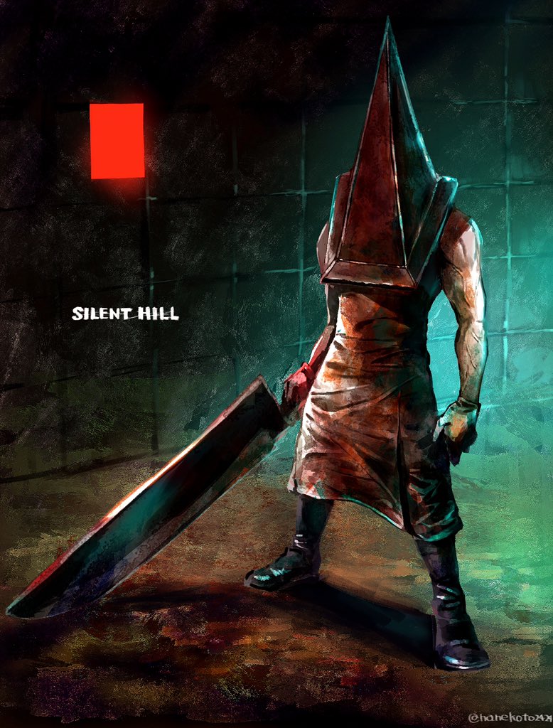 1boy apron bare_arms bare_shoulders black_footwear copyright_name facing_viewer hanekoto helm helmet holding male_focus muscular muscular_male pyramid_head realistic silent_hill silent_hill_2 solo sword tile_wall tiles weapon
