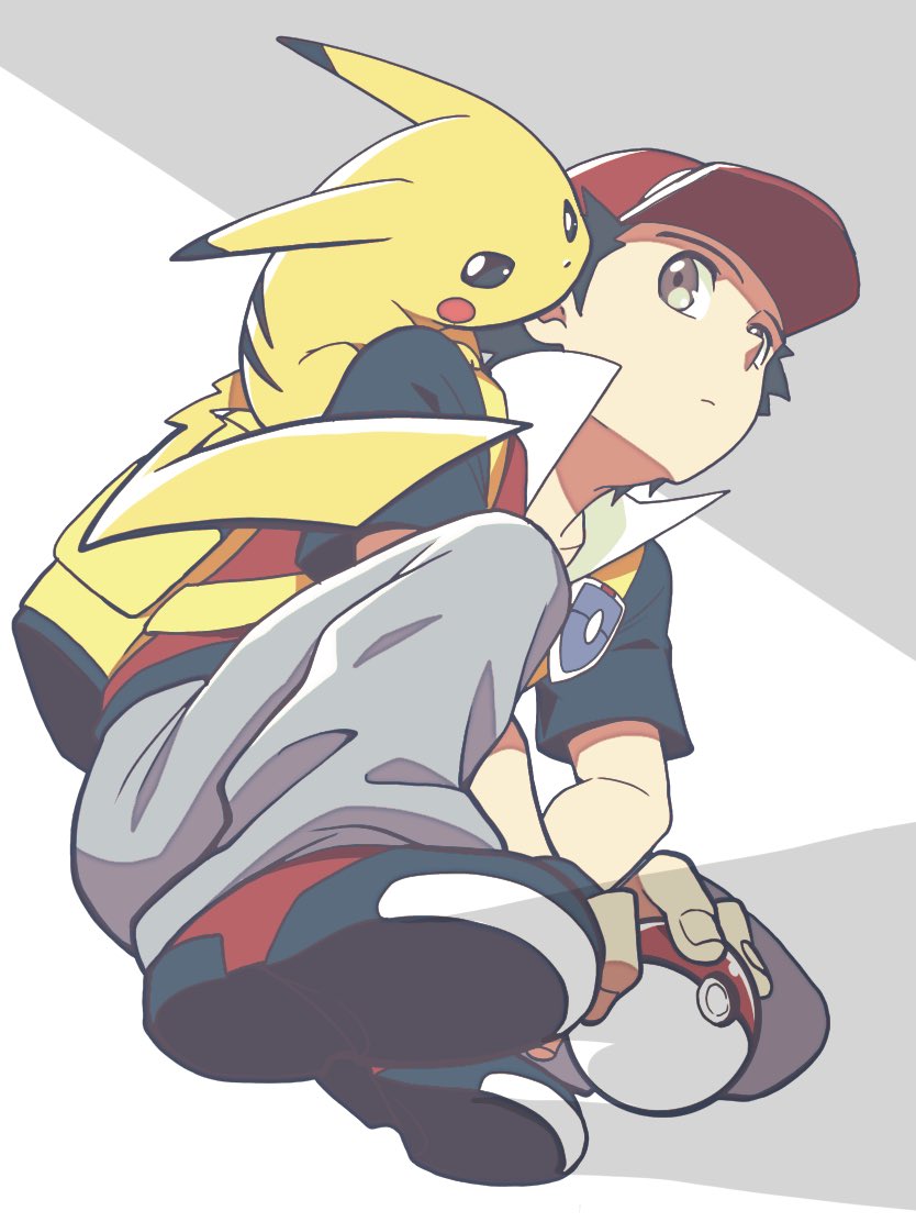 1boy backpack bag baseball_cap black_hair black_shirt brown_eyes closed_mouth commentary_request from_below grey_pants hat holding holding_poke_ball jacket male_focus nagi_(exsit00) on_shoulder pants pikachu poke_ball poke_ball_(basic) pokemon pokemon_(creature) pokemon_(game) pokemon_frlg pokemon_on_shoulder red_(pokemon) red_headwear shirt shoes short_hair short_sleeves sleeveless sleeveless_jacket squatting t-shirt vs_seeker yellow_bag