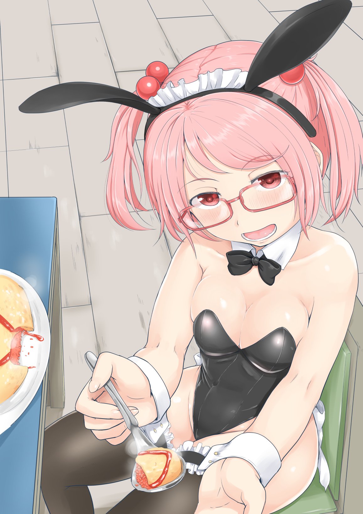 1girl animal_ears bespectacled black_bow black_legwear black_leotard black_neckwear bow bowtie breasts detached_collar feeding food glasses hair_bobbles hair_ornament highres kantai_collection leotard looking_at_viewer medium_breasts mimofu_(fullhighkick) omurice open_mouth pink_eyes pink_hair playboy_bunny rabbit_ears red-framed_eyewear sazanami_(kancolle) short_hair sitting smile solo spoon strapless strapless_leotard thigh-highs twintails wrist_cuffs