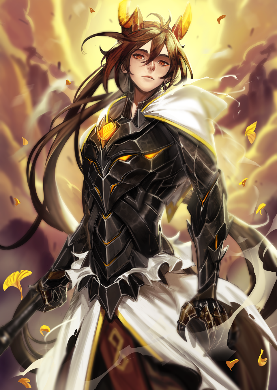 1boy :| alternate_costume armor bangs black_hair blurry blurry_background brown_hair capelet closed_mouth cowboy_shot diamond-shaped_pupils diamond_(shape) dragon_boy dragon_horns earrings eyeliner eyeshadow falling_leaves genshin_impact ginkgo_leaf glowing gradient_hair hair_between_eyes highres holding holding_polearm holding_weapon horns ja_mong jewelry leaf light long_hair long_pants looking_at_viewer makeup male_focus multicolored_hair nose orange_hair pants polearm ponytail red_eyeshadow rex_lapis_(genshin_impact) sidelocks single_earring solo symbol-shaped_pupils tassel tassel_earrings very_long_hair weapon yellow_eyes zhongli_(genshin_impact)