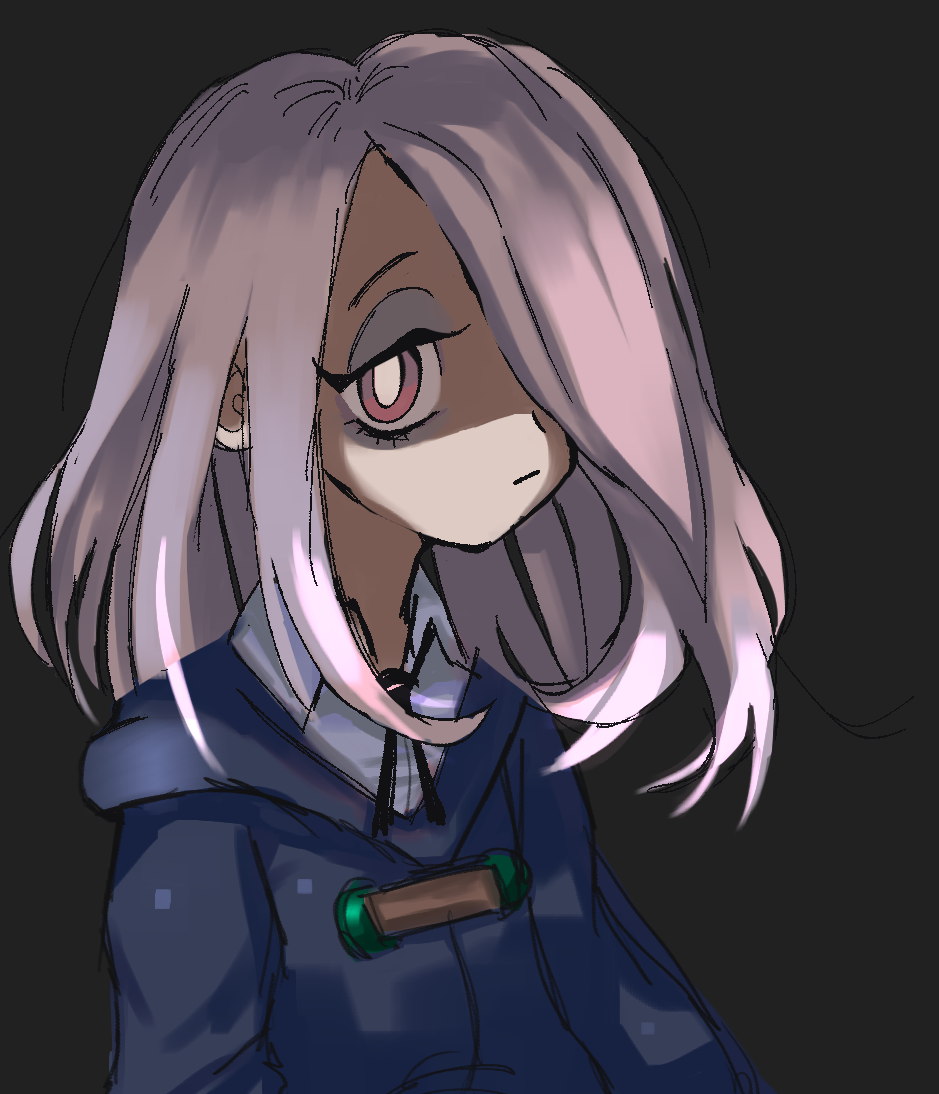 1girl black_background bright_pupils collared_shirt grace_hosanna_marquez_carranco hair_over_one_eye hood hood_down little_witch_academia long_hair looking_at_viewer pink_hair red_eyes shirt solo sucy_manbavaran white_pupils