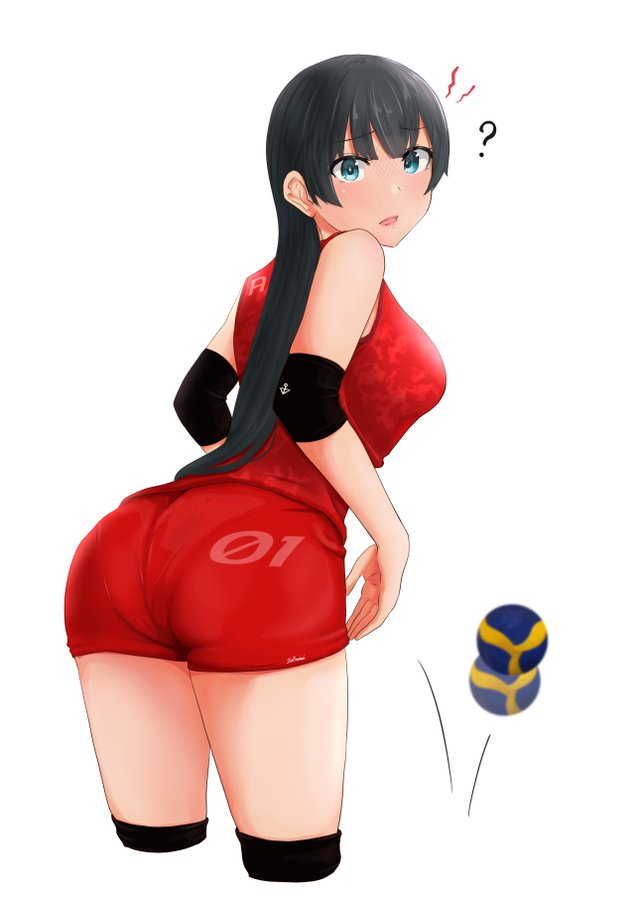 agano_(kancolle) ass black_hair breasts elbow_pads eyebrows_visible_through_hair kantai_collection knee_pads long_hair looking_back sportswear volleyball volleyball_uniform