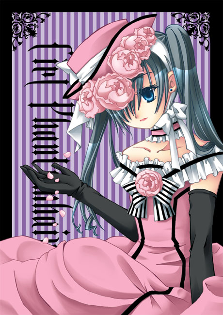 1boy bishounen black_gloves blue_eyes blue_hair character_name choker ciel_phantomhive closed_mouth commentary_request crossdressing dress earrings elbow_gloves expressionless feet_out_of_frame flower frilled_choker frills gloves hair_between_eyes hair_over_one_eye hat hat_flower jewelry kuroshitsuji long_bangs long_hair looking_at_viewer male_focus morinaga_hinase otoko_no_ko petals pink_choker pink_dress pink_flower pink_headwear pink_rose rose solo striped_background stud_earrings twintails