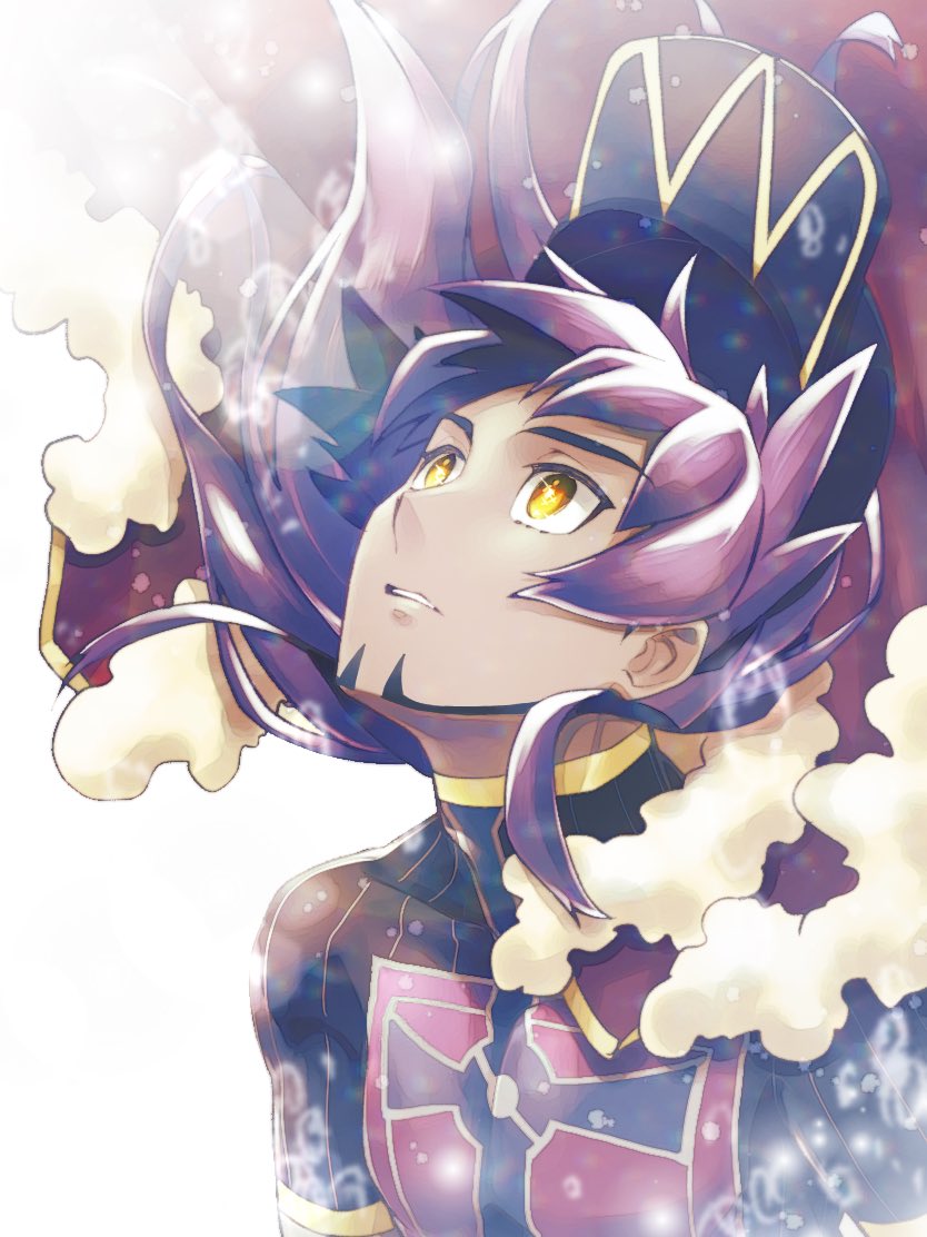 1boy bangs baseball_cap cape champion_uniform commentary_request dark-skinned_male dark_skin facial_hair floating_cape fur-trimmed_cape fur_trim hat leon_(pokemon) long_hair looking_up male_focus nagi_(exsit00) parted_lips pokemon pokemon_(game) pokemon_swsh purple_hair red_cape shield_print shirt short_sleeves solo sword_print yellow_eyes