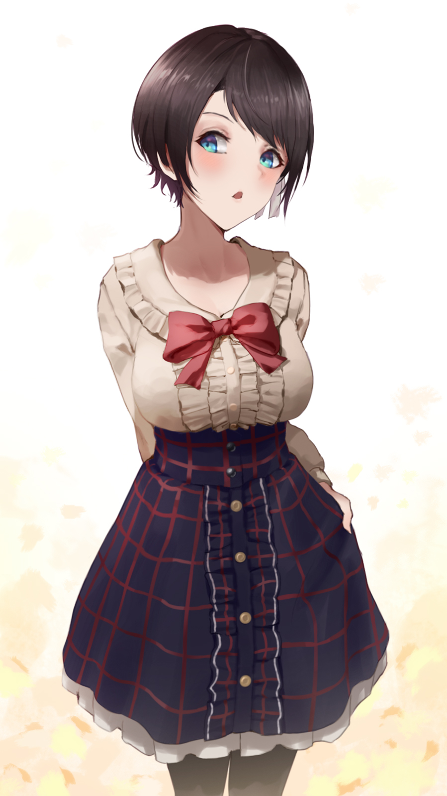 1girl arm_behind_back black_hair black_legwear black_skirt blue_eyes bow breasts buttons center_frills checkered checkered_skirt commentary frilled_shirt frilled_skirt frills hair_ribbon high-waist_skirt highres hololive large_breasts long_sleeves looking_at_viewer medium_breasts oozora_subaru open_mouth red_bow ribbon shirt short_hair skirt skirt_hold solo standing virtual_youtuber wanne white_ribbon white_shirt