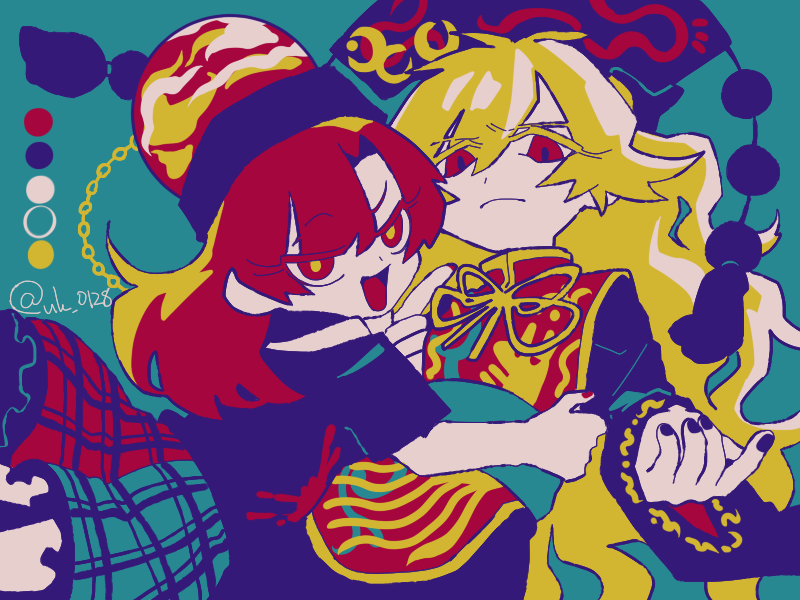 2girls bangs black_nails black_shirt blonde_hair blue_background chain chinese_clothes commentary_request expressionless eyebrows_visible_through_hair fox_print gold_chain hair_between_eyes hecatia_lapislazuli hug junko_(touhou) long_hair long_sleeves looking_at_viewer multicolored multicolored_clothes multicolored_skirt multiple_girls nail_polish off-shoulder_shirt off_shoulder open_mouth phoenix_crown polos_crown raya_(uk_0128) red_eyes red_nails redhead shirt short_sleeves simple_background skirt t-shirt tabard tassel touhou twitter_username upper_body