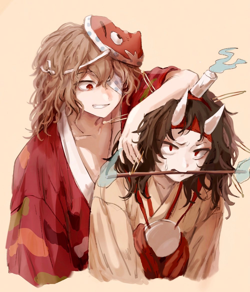 2others ametsukana_yago androgynous bandage_over_one_eye black_hair brown_eyes brown_hair candle cyclops fangs fire flame ghost ghost_tail hairband hakama hemo_(hemoroda) horns japanese_clothes kimono lamp len'en mask mouth_hold multiple_others one-eyed red_eyes short_hair smirk solo sweatdrop taira_no_chouki