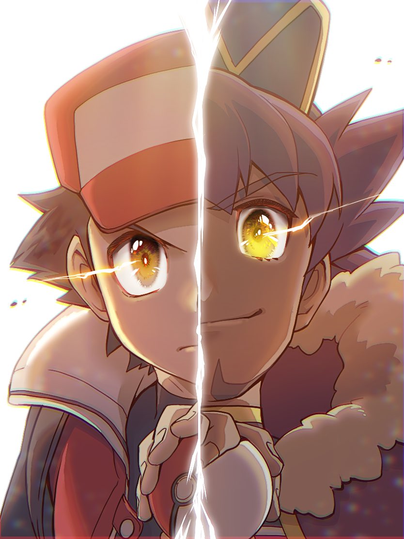 2boys bangs baseball_cap brown_hair cape champion_uniform closed_mouth coat commentary_request dark-skinned_male dark_skin eyebrows_visible_through_hair facial_hair fur-trimmed_cape fur_trim hand_up hat holding holding_poke_ball leon_(pokemon) looking_at_viewer male_focus multiple_boys nagi_(exsit00) poke_ball pokemon pokemon_(game) pokemon_masters_ex pokemon_swsh purple_hair red_(pokemon) red_coat shirt short_hair sleeveless_coat smile split_screen two-tone_headwear white_background yellow_eyes