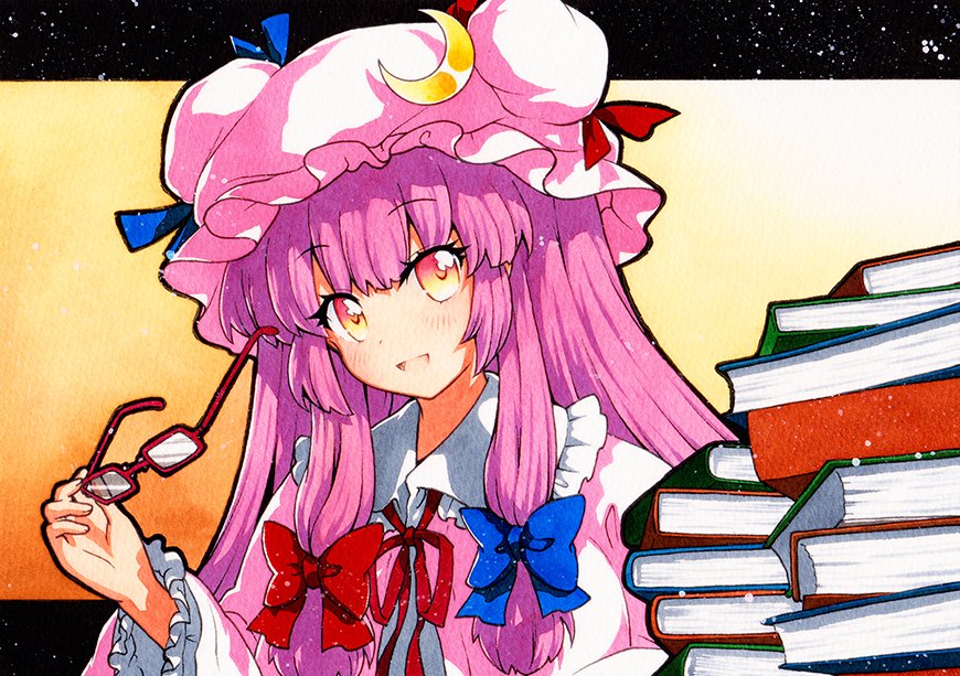 1girl book crescent crescent_hair_ornament crescent_hat_ornament dress glasses hair_ornament hat hat_ornament long_dress long_hair mob_cap patchouli_knowledge purple_hair qqqrinkappp ribbon solo striped touhou traditional_media vertical-striped_dress vertical_stripes very_long_hair