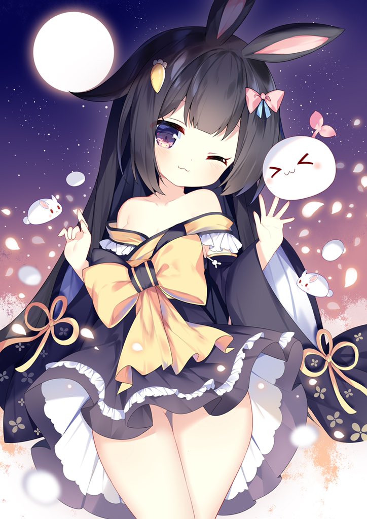 1girl 1other :3 animal_ears arms_up ass_visible_through_thighs bangs bare_shoulders black_hair blue_kimono blunt_bangs bow carrot_hair_ornament food-themed_hair_ornament full_moon hair_bow hair_ornament hairclip japanese_clothes kimono long_hair moon night night_sky off_shoulder one_eye_closed original outdoors pink_eyes rabbit_ears ribbon short_kimono sky smile star_(sky) starry_sky thigh_gap thighs tsukimi_(xiaohuasan) wind wind_lift