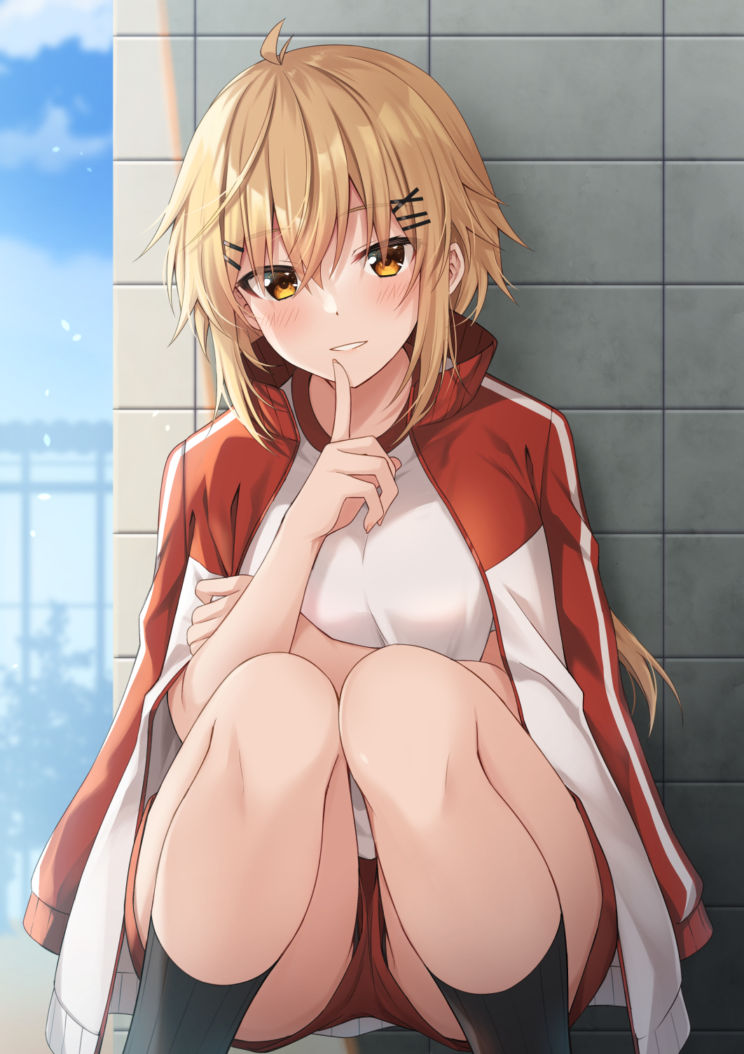 1girl against_wall antenna_hair bangs black_legwear black_panties blonde_hair blush breasts day eyebrows_visible_through_hair feet_out_of_frame finger_to_mouth gym_shirt gym_shorts gym_uniform hair_ornament hairclip highres index_finger_raised jacket jacket_on_shoulders kneehighs komori_kuzuyu lips long_hair looking_at_viewer medium_breasts nao_(kuzuyu) open_clothes open_jacket orange_eyes original outdoors panties pantyshot parted_lips red_jacket red_shorts shirt shorts shushing smile solo squatting track_jacket underwear upshorts white_shirt x_hair_ornament