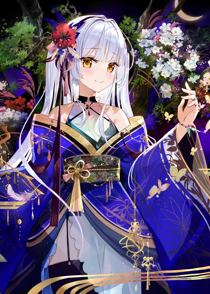 1girl bangs bare_shoulders black_legwear blue_kimono blunt_bangs bracelet branch bug butterfly chinese_knot choker collarbone commentary_request cowboy_shot crescent_moon criss-cross_halter feathers floral_print flower flower_knot furisode fuumi_(radial_engine) garter_straps hair_flower hair_ornament hair_tassel halterneck hand_up hime_cut japanese_clothes jewelry kanzashi kimono leaf long_hair looking_at_viewer moon obi off-shoulder_kimono original pelvic_curtain print_kimono red_flower sash silver_hair smile solo standing tassel thigh-highs tree white_flower wide_sleeves yellow_eyes