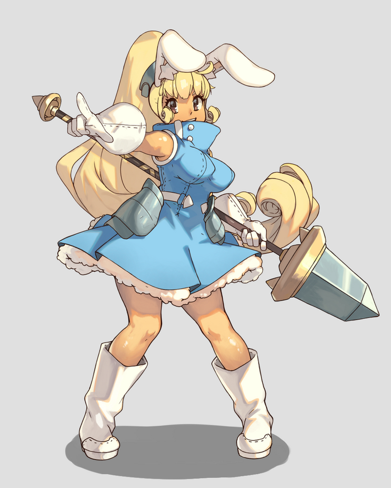 1girl :d animal_ears ankle_boots armor blonde_hair blue_dress boots breasts brown_eyes commentary dress english_commentary faulds full_body gloves grey_background holding holding_polearm holding_weapon large_breasts long_hair looking_at_viewer open_mouth original pointing pointing_at_viewer polearm ponytail rabbit_ears rabbit_girl simple_background smile solo spear standing vins-mousseux weapon white_footwear white_gloves