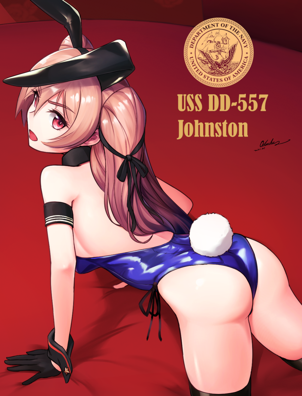 1girl all_fours alternate_costume animal_ears ass black_gloves black_legwear black_leotard brown_hair character_name detached_collar fake_animal_ears gloves highres johnston_(kancolle) kantai_collection leotard long_hair looking_at_viewer odachu open_mouth playboy_bunny rabbit_ears rabbit_tail red_background solo strapless strapless_leotard tail thigh-highs