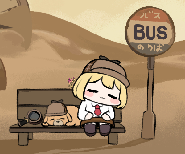 1girl :3 bangs bench blonde_hair blush brown_headwear brown_legwear bubba_(watson_amelia) chibi closed_eyes closed_mouth desert detective dog full_body hat hololive hololive_english jazz_jack magnifying_glass shadow short_hair signpost sitting sleeping thigh-highs virtual_youtuber watson_amelia