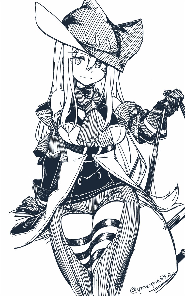1girl arknights ascot breasts clothing_cutout commentary cowboy_shot detached_sleeves gloves greyscale hair_ornament hat hatching highres holding large_breasts long_hair looking_at_viewer monochrome simple_background skadi_(arknights) solo thigh_cutout thigh_strap twitter_username white_background yom