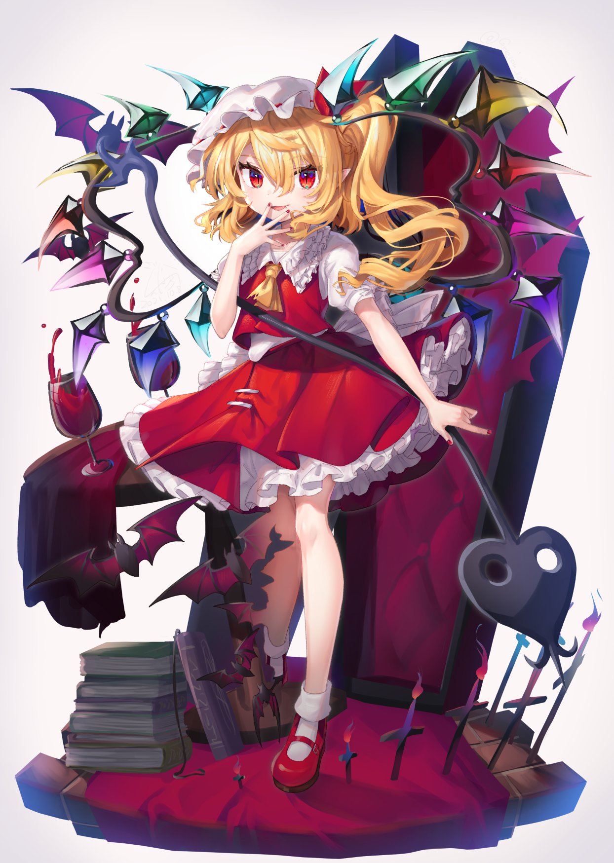1girl alcohol ascot bangs bat blonde_hair blush book book_stack carpet coffin commentary commentary_request crystal cup drinking_glass flandre_scarlet frilled_shirt_collar frilled_skirt frills gunjou_row hat highres knees laevatein_(touhou) looking_at_viewer mary_janes mob_cap nail_polish pointy_ears puffy_short_sleeves puffy_sleeves red_eyes red_footwear red_nails red_skirt red_vest shirt shoes short_hair_with_long_locks short_sleeves side_ponytail simple_background skirt slit_pupils socks solo standing table tablecloth touhou vampire vest white_background white_legwear white_shirt wine wine_glass wings wooden_floor yellow_neckwear