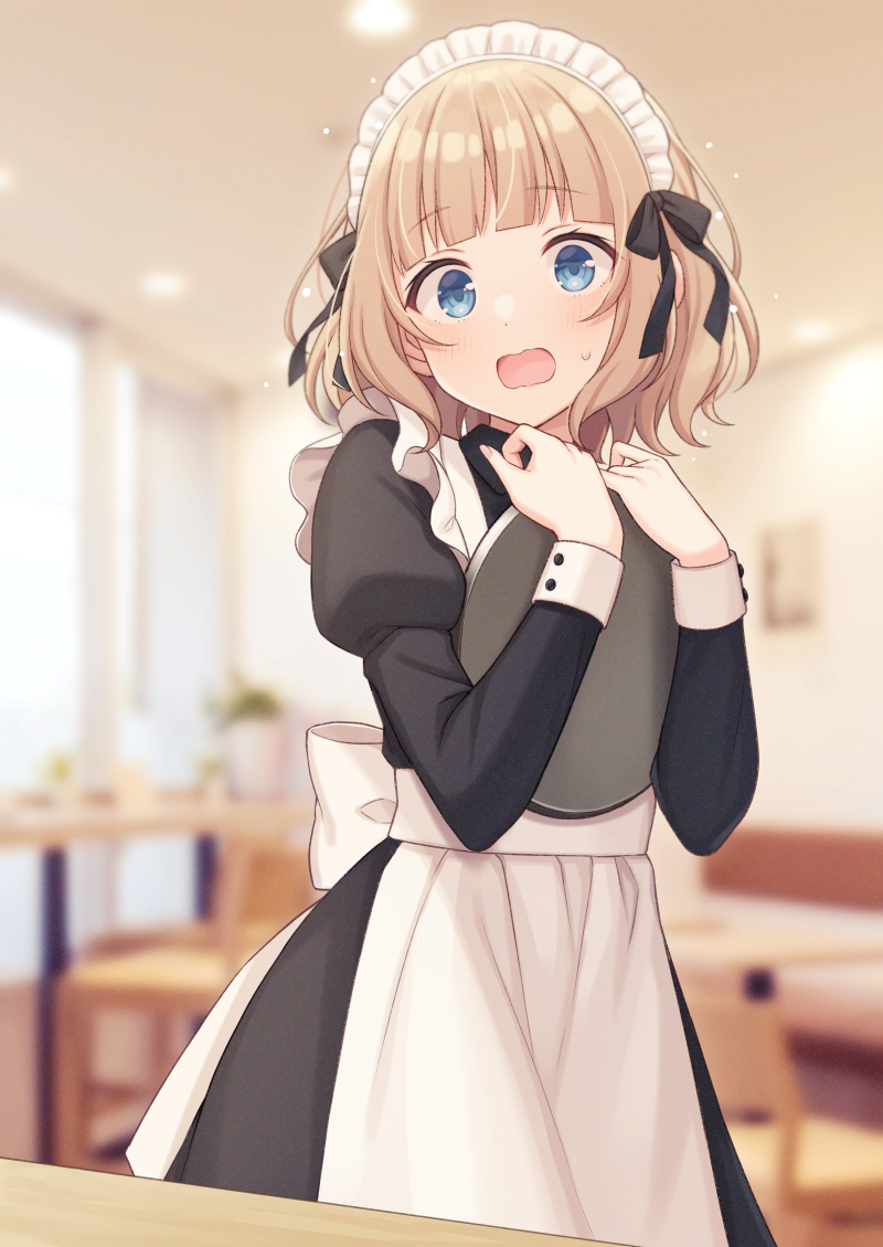 1girl alternate_costume apron bangs black_dress blue_eyes blurry blurry_background blush chair commentary_request depth_of_field dress enmaided eyebrows_visible_through_hair frilled_apron frills hands_up holding holding_tray indie_virtual_youtuber indoors juliet_sleeves light_brown_hair long_sleeves looking_at_viewer maid maid_apron maid_headdress open_mouth puffy_sleeves shiratori_kurumi shiromikan solo table tray virtual_youtuber wavy_mouth white_apron